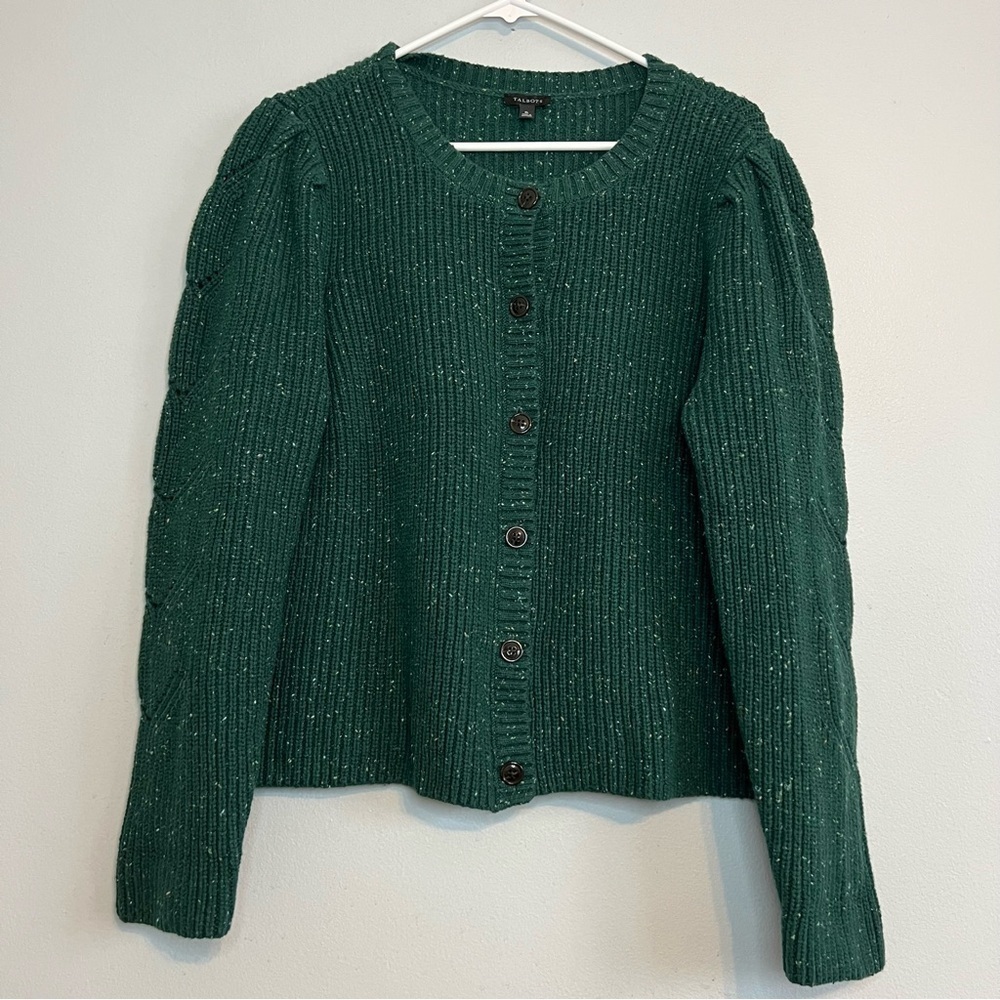Talbots Button Up Cardigan Green Ruffle Sleeve Cable Knit Sz XL Country grandma
